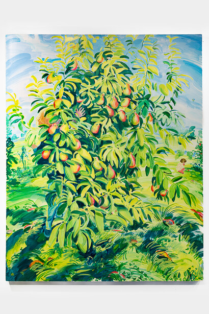 Hilary Doyle, Eve Ishtar under the Flamango Tree, 2023, acrylic on canvas, 48x60 inches. Courtesy of the artist and Dinner Gallery, NYC