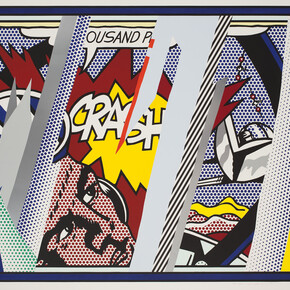 Roy Lichtenstein (1923-1997), Reflections on Crash, 1990, Lithograph, screenprint, relief, and metalized PVC collage with embossing on mold-made Somerset pape, 150.2 x 190.5 cm, Artist Rooms National Galleries of Scotland and Tate. Lent by The Roy Lichtenstein Foundation Collection 2015 © Estate of Roy Lichtenstein/DACS 2015