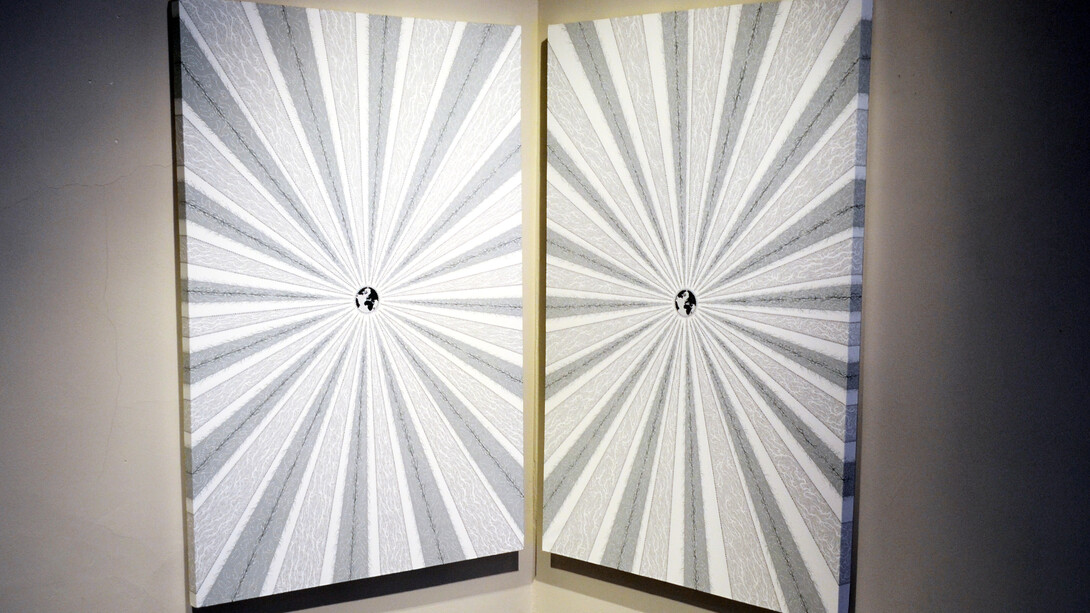 'Unsustainable growth and development', acrylic tempera on canvas and wood, no. 2 canvas 100 x 150 x 4,5 cm (39 x 59 x 1,7 in) + no. 12 spheres Ø 9,2/7,2/5,2/4,2 cm (3,6/2,8/2/1,6 in), 2013 / computer PC