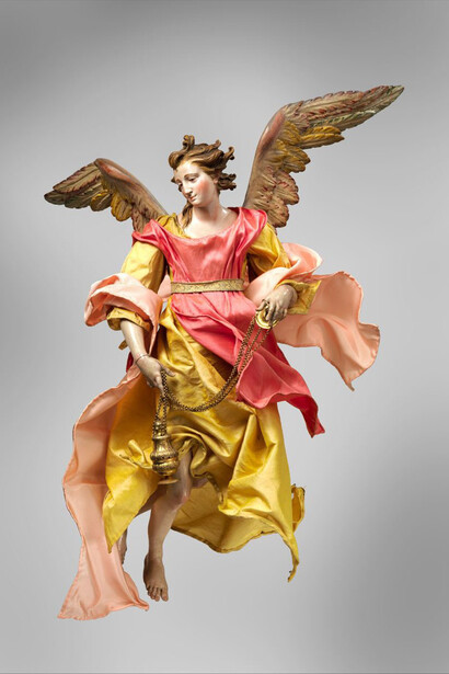 Maker:Giuseppe Sanmartino (Italian, 1720–1793)
Date:second half 18th century
Culture:Italian, Naples
Medium:Polychromed terracotta head; wooden limbs and wings; body of wire wrapped in tow; various fabrics
Dimensions:H. 17 1/4 in. (43.8 cm.)
Classification:Crèche
Credit Line:Gift of Loretta Hines Howard, 1964