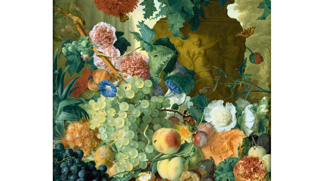 Jan van Huysum, Fruit and Flowers in front of a Garden Vase with an Opium Poppy and a Row of Cypresses (detail), 1731-2, Private Collection