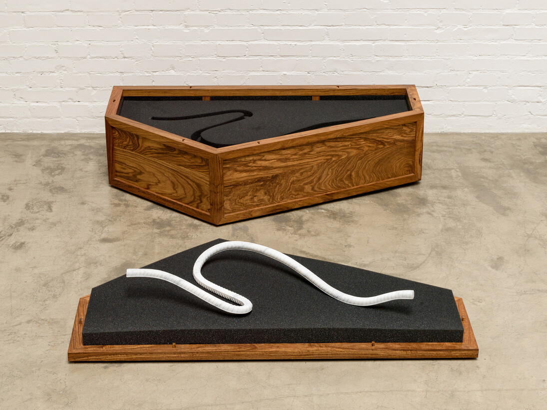 Rebar Box and Marble Rebar 3, 2014, Huali wood, marble, and foam, Rebar box 9 3/4 x 44 1/8 x 28 1/4 in (25 x 112 x 72 cm), Marble Rebar 3 1/2 x 25 1/2 x 21 3/4 in (9 x 65 x 55 cm)