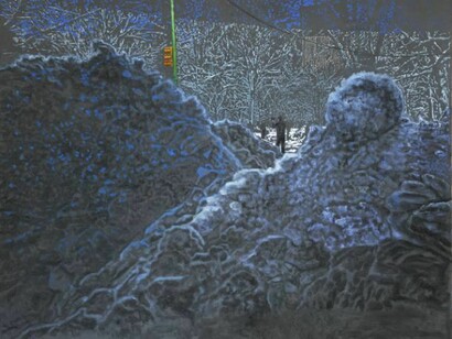 Ena Swansea, snow at night 2, 2014, oil on graphite on canvas, 90 x 114 inches, 228.6 x 289.6 cm. Courtesy of Friedman Benda and the artist. Photography by: Christopher Burke Studio.