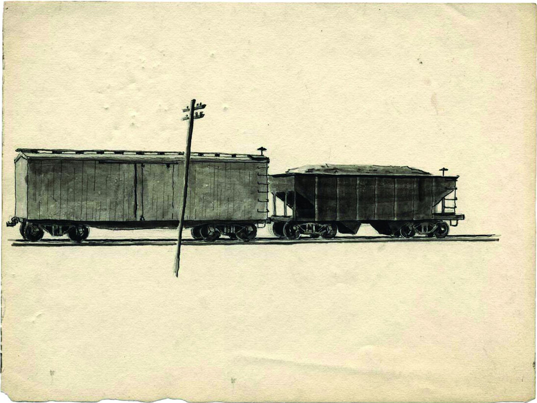 Charles Pollock, Railway Cars, ca. 1934. Ink and wash on paper. Private collection. © Charles Pollock Archives