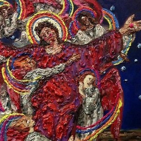 Annelie McKenzie, Rainbow Jesus, 2013 / oil and pom poms on canvas / 48 x 38 inches