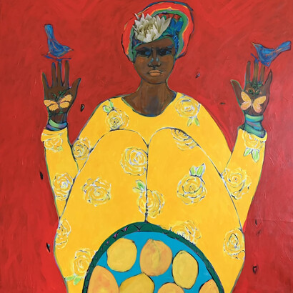 Janet Taylor Pickett,
The Muse, 2023.
Acrylic on canvas,
48×48 in. Courtesy of the artist and Jennifer Baahng Gallery