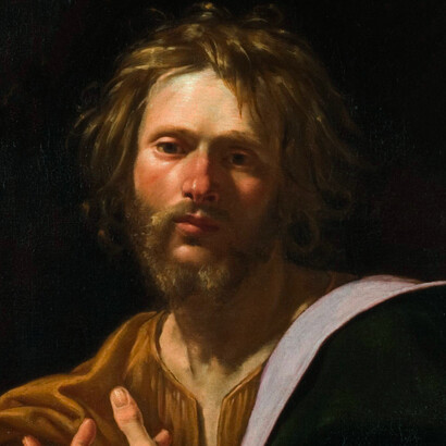 Simon Vouet, „Sankt Lukas“ (ca. 1622), Öl auf Leinwand (74X59 cm), Philadelphia Museum of Art. Der europäische Evangelist
