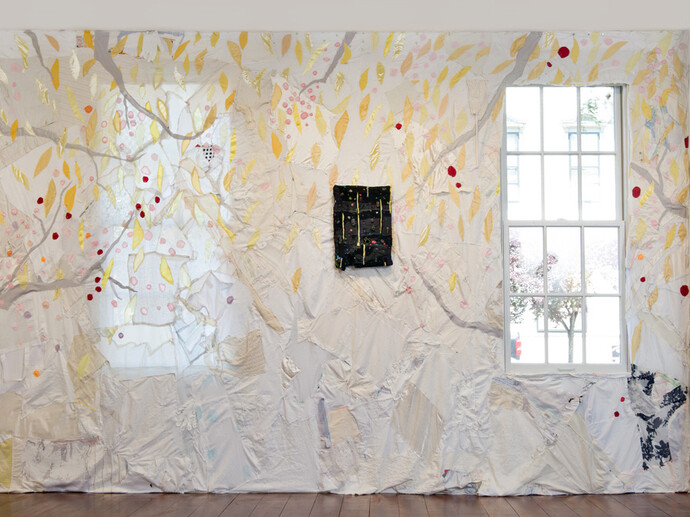 Todd Knopke, Ripple, 2015, fabric, thread, wood, mylar, vinyl, yarn, string, 22 x 21 x 1 inches
