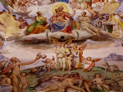 Giorgio Vasari e Federico Zuccari, "Giudizio Universale", 1568 - 79, dettaglio, Cupola interna, Santa Maria del Fiore Firenze. Il tempo è la figura alata, eternamente giovane e vecchia, che dà indietro la clessidra, ormai inutile durante e dopo il giudizio universale