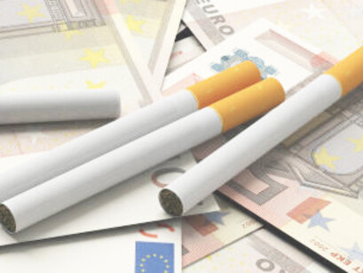 Cigarettes set against a black background with 'TAX' in bold, and another image featuring cigarettes on a bed of Euro banknotes
