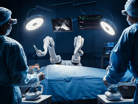 Two surgeons wearing augmented reality headsets use high-precision robotic arms to perform a complex operation while monitoring the patient's vital signs in a futuristic hospital