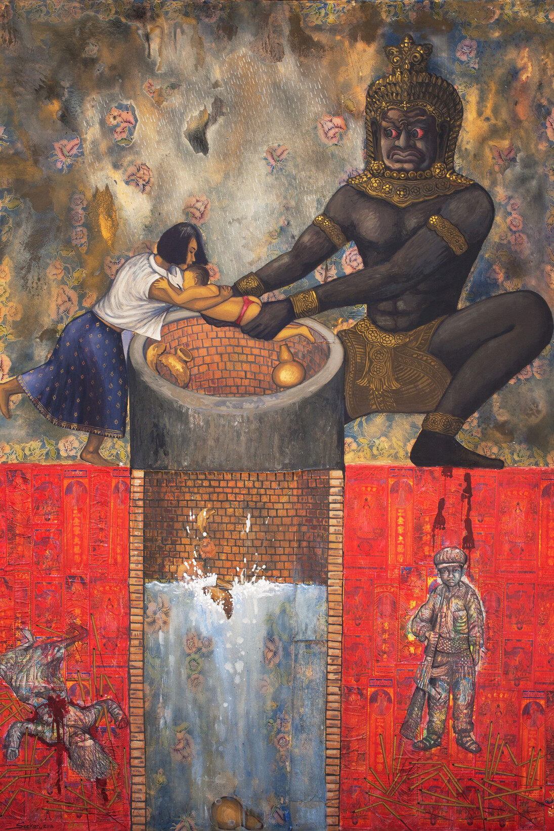 Leang Seckon, Flooding Pot, Falling Gourd, 2014, mixed media and collage on canvas, 200 x 150 cm (79 x 59 in)