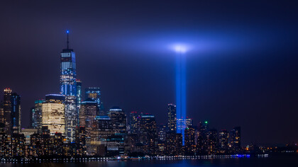 Two beams of light mark the location of the old World Trade Center towers