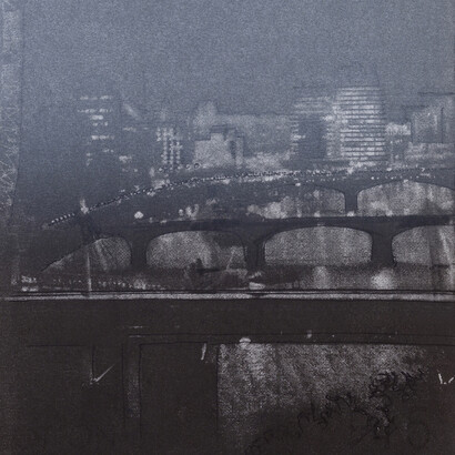 Hungerford Bridge, Size: 19cm x35cm, Medium: Screenprint with Pen Drawing on Graphite , Edition: 30, 2016​. Courtesy of The Foundry Gallery