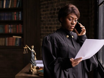 A judge reviewing legal documents during a phone conversation, representing the interaction between legal principles and practical decision-making