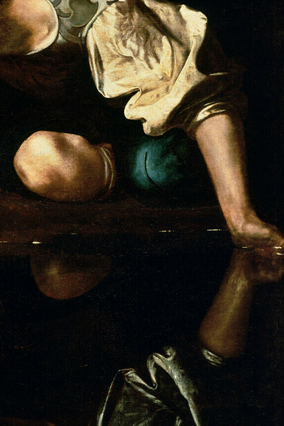 Caravaggio, Narciso (c. 1600, detalle)
