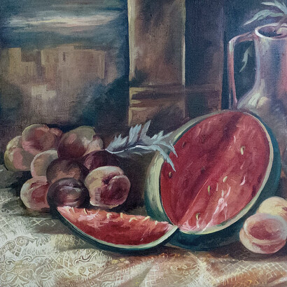 “Watermelon and Peaches”, undated, oil on canvas by Valentina Markova (1907–1941), I. V. Savitsky State Museum of Art, Nukus, Uzbekistan