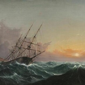 Fitz Henry Lane (1804-1865), A Storm breaking away, vessel slipping her cable, 1858, Oil on canvas, 24 x 36 ¼ inches