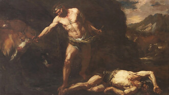 Hercules kills the giant Cacus and steals Geryoneus' cattle, Giovan Battista Langetti  (1625–1676)