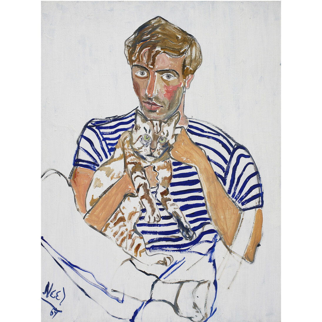 Alice Neel, Hartley with a Cat, 1969, Oil on canvas, 101.9 x 76.5 x 2.2 cm, 40 1/8 x 30 1/8 x 7/8 in, Courtesy the Artist's Estate and Victoria Miro, London © The Estate of Alice Neel