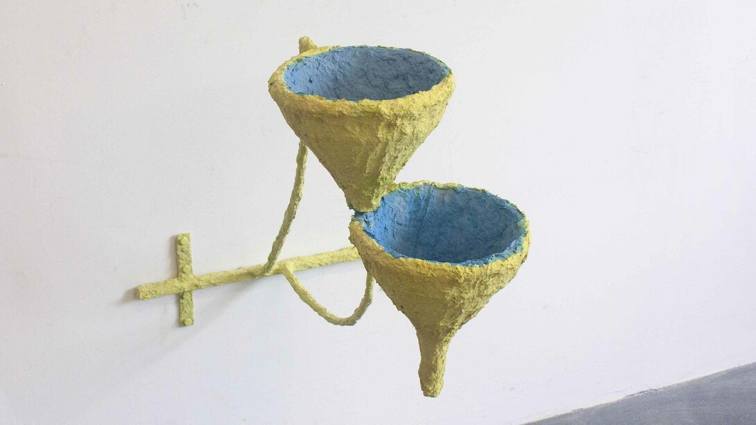 Olivia Bax, Y-Y, 2019, Steel, funnels, paper, glue, paint, plaster, screws, 56x46x57cm 