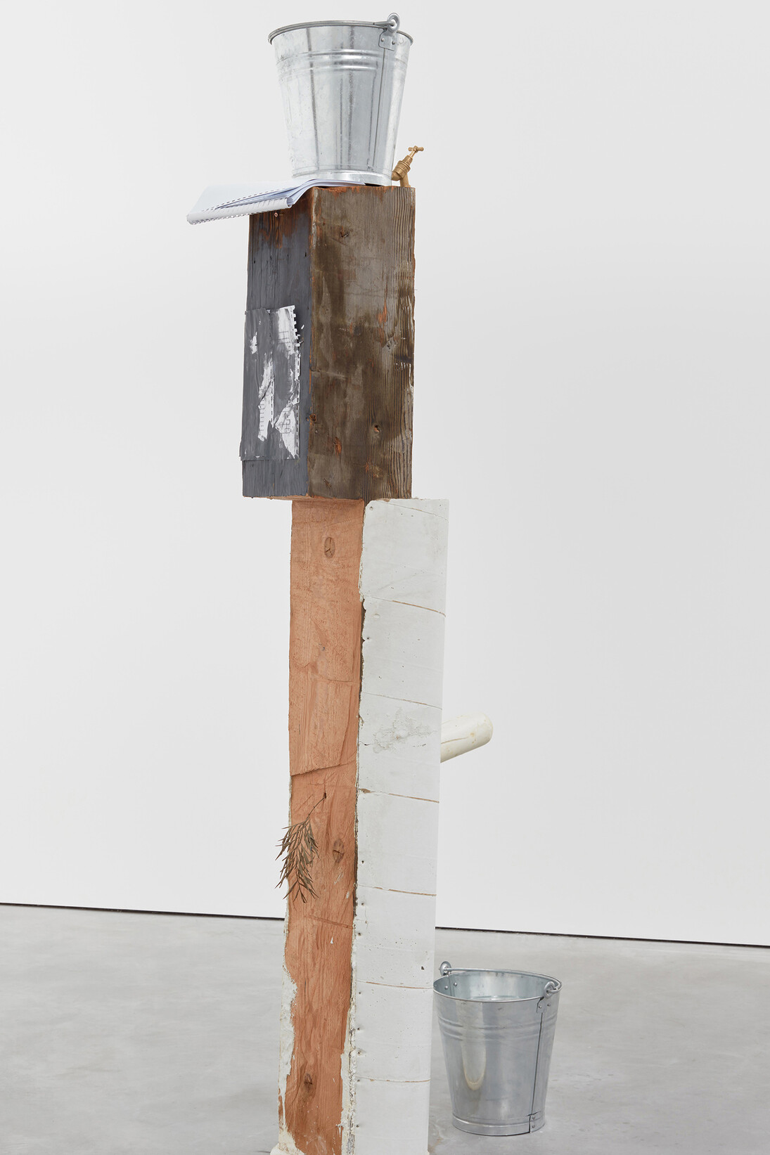 Oscar Tuazon for Ariana Reines, Old Spice, 2016 Concrete, wood, soap, paint, buckets, tap, water, leaf, paper, poems 231 x 43 x 86 cm, 91 x 16 7/8 x 33 7/8 ins, Courtesy Stuart Shave/Modern Art, London