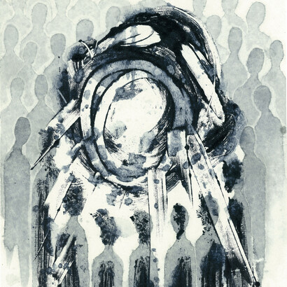 Sophie Hurst, Five steps to Tirany (Obey), mono-print on Chinese paper, 30 X 40, 2014