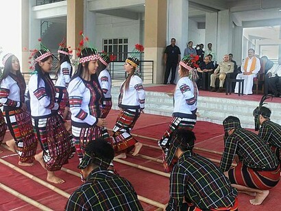 The traditional Cheraw dance performed by the Students of Mizoram University, in Aizawl, Mizoram, India
