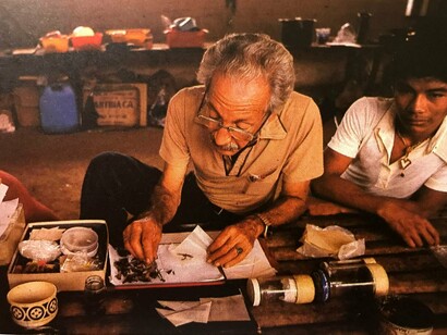 Francisco revisando los insectos colectados durante la noche para colocarlos en sobres. Frente a él hay varios frascos con cianuro de potasio, utilizados para recolectar insectos. Observa la actividad un joven Ye’kuana de la población de Culebra, estado Amazonas, Venezuela, lugar donde se estableció el campamento base de las expediciones de investigación realizadas entre 1983 y 1985 al Macizo del Marahuaka, Estado Amazonas, Venezuela, por Fundación Terramar (Foto: Fabian Michelangeli Ayala)