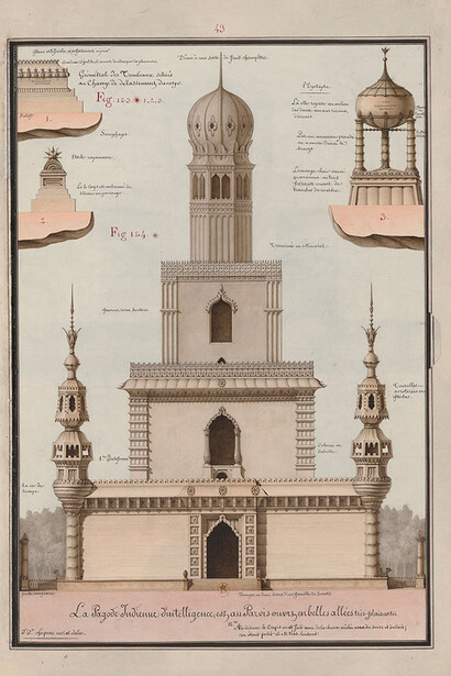 Jean-Jacques Lequeu (1757–1826)
Indian Pagoda of Intelligence, from Civil Architecture
Pen and black ink, brown wash, watercolor
Bibliothèque nationale de France, Departement des Estampes et de la photographie.
