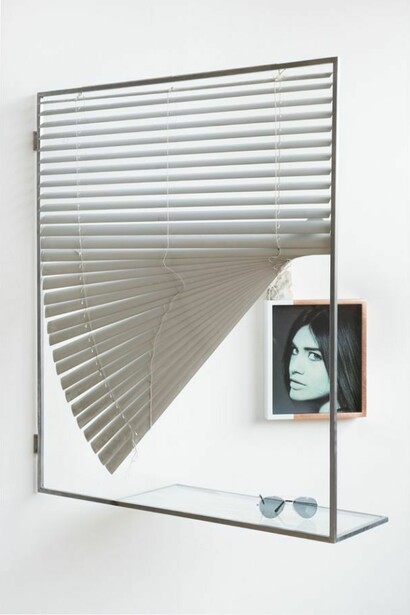 Gabrielle Beveridge, Lucid dream hangover, 2013, printed advertisement, blind, sunglasses, metal, frame