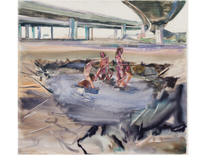 Molly Segal, Laugh Until We Choke, 2023, watercolor, gouache, and salt on paper, 74.9x82.6 cm. Courtesy the artist and Track 16 Gallery