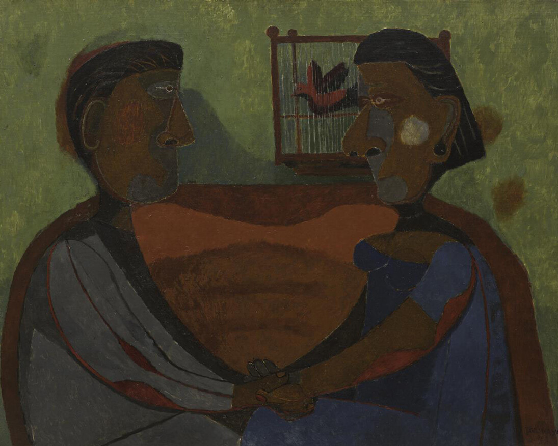 Rufino Tamayo, The Lovers [Amantes], 1943, oil on canvas, 34 1/4 x 44 1/4 in. San Francisco Museum of Modern Art, Purchase with the aid of funds from W. W. Crocker. © Tamayo Heirs/Mexico/Licensed by VAGA, New York, NY. Photo by Katherine Du Tiel
