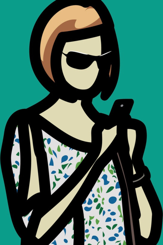 Julian Opie, Tourist with blouse., 2014, From Tourists., 2014, A set of six screenprints with hand painting in frames specified by the artist, Framed 104.8 x 78.7 x 3.5 cm, Edition of 20, Courtesy Julian Opie and Alan Cristea Gallery, London