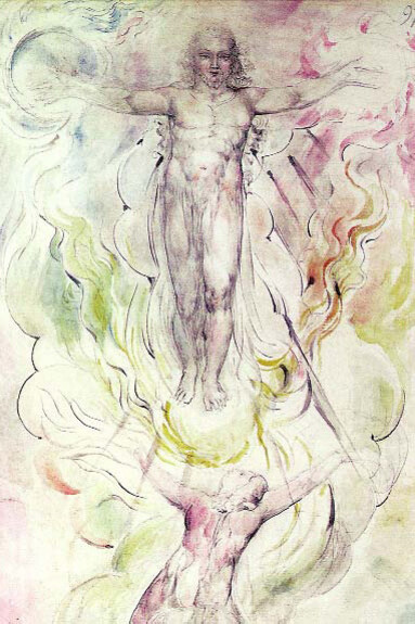 William Blake, "Dante adorant le Christ" (illustration de la Divine Comédie de Dante : Paradis XIV, 97-111), 1824-1827. Plume et encre, aquarelle sur crayon et pierre noire, 52,7 x 37,2 cm. National Gallery of Victoria, Melbourne