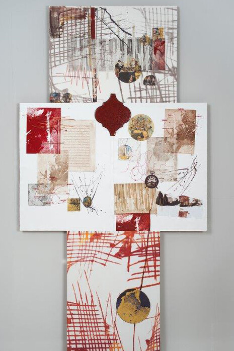 Lina Pigadioti, February, Everlasting Childhood / Crossroads (2015), Mixed media (collage of print making techniques on cotton paper, tile, gold plated wood) on reboard, 111,5 x 208 cm