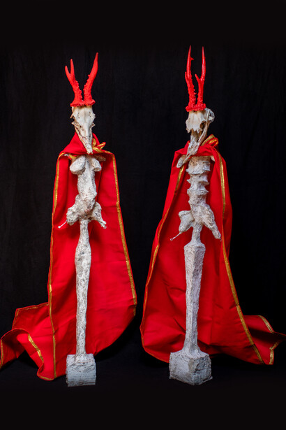 Les cardinaux, os, papier mâché, métal, tissus, 60 cm, 2020