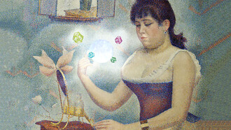 Young woman powdering herself by Georges Seurat (edited with astrological glyphs)