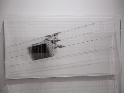 Robert Currie, 45,619 inches of nylon monofilament and black acrylic, 2014, Nylon monofilament, 29 1/4 x 51 1/4 x 7 inches 