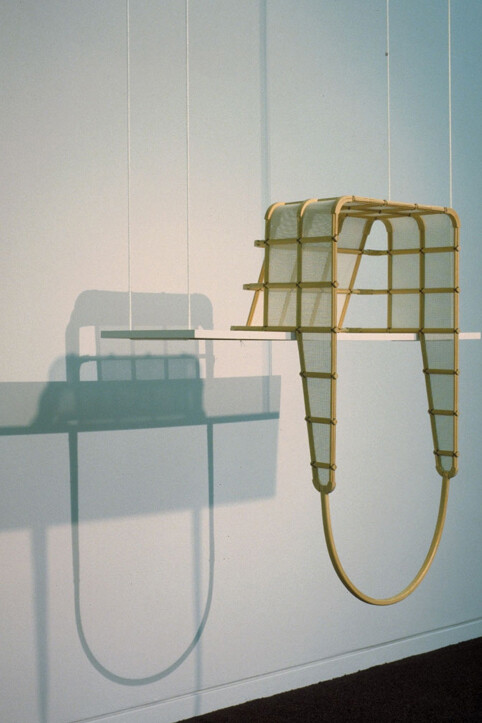 Diane Simpson, Mesh Bonnet, 1992, Pine, cotton mesh, waxed linen thread, 43 by 20 by 16 in.  109.2 by 50.8 by 40.6 cm