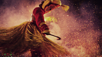 A male game character inspired by Pottan Theyyam, the vibrant and lively ritual performance from Kerala, would embody the dynamic and powerful qualities of this ancient tradition, India