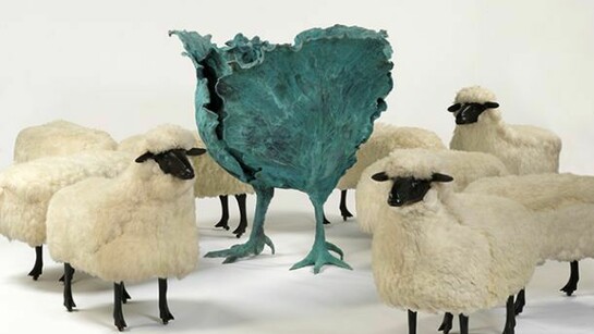 Claude Lalanne, Choupatte (Très Grand), 2007/2012, Bronze and copper, 122 x 123 x 123 cm. (48 1/8 x 48 3/8 x 48 3/8 in.), Edition of 8 + 4 AP; François-Xavier Lalanne, Moutons de Laine, 1965/1974, Wool, bronze and wood on wheels, Dimensions variable. Copyright the artist, Courtesy Ben Brown Fine Arts