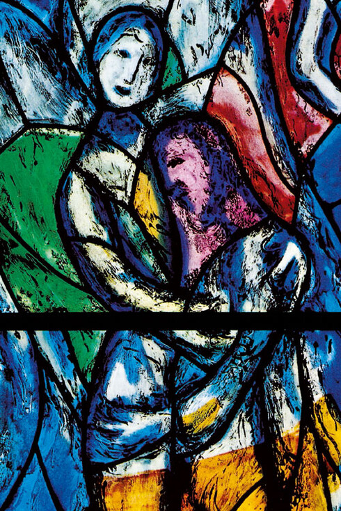 Chagall blue stained glass window, Fraumünster church Zurich Switzerland, Christian religious art, Catholic heritage landmark, European church mosaic, blue light interior