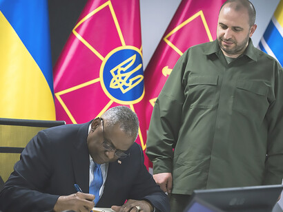 Secretary of Defense Lloyd J. Austin III is signes a guestbook after meeting with Ukrainian Minister of Defense Rustem Umerov during his visit to Kyiv, Nov. 20, 2023. Austin met with Ukrainian leaders and reinforced the staunch support of the United States for Ukraine's fight against Russian aggression, while also discussing a long-term vision for Ukraine's future force