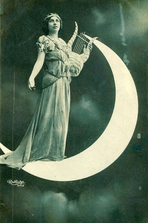Vintage French hand tinted photo postcard - Lady with harp standing on moon - Victorian Paper Ephemera