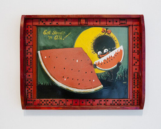 Betye Saar, Eat Seeds 'n All!, 2010
Dominoes, found tray, acrylic paint, and wood, 14 × 18 × 2 1/4 inches
Private collection, Photo: Natalie Conn