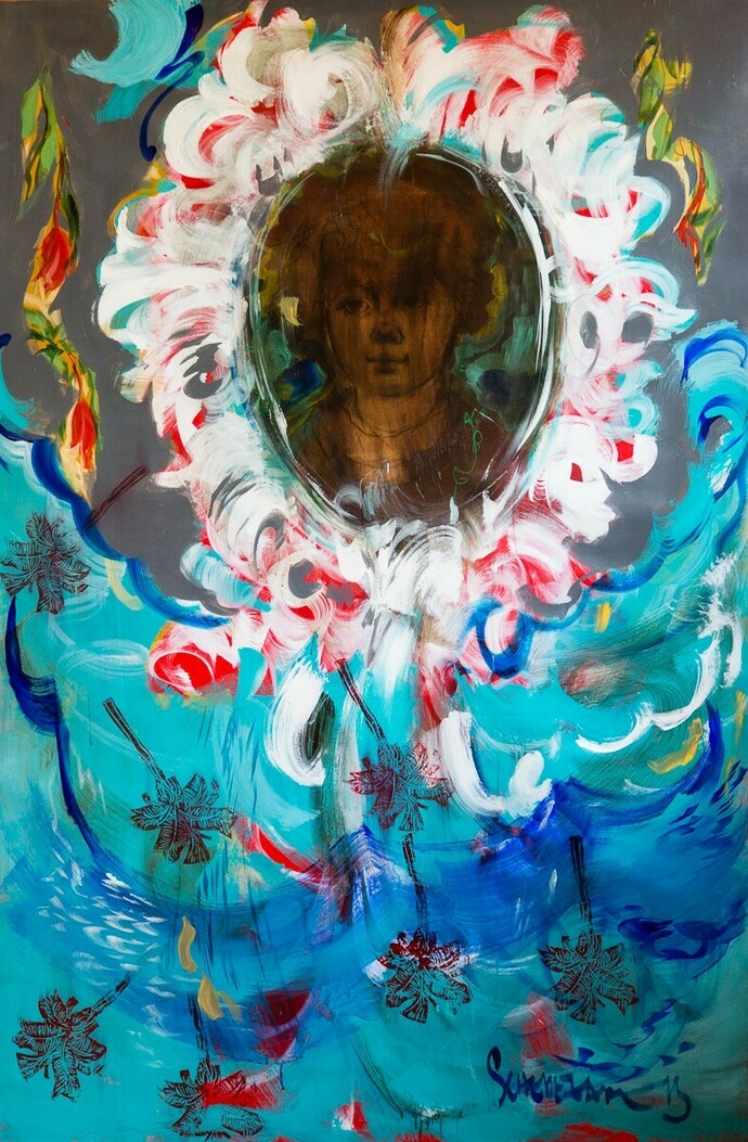 Scherezade García, "Souvenir II," 2015 (detail). 72" x 48". Acrylic, pigments, charcoal, collage and ink on canvas
