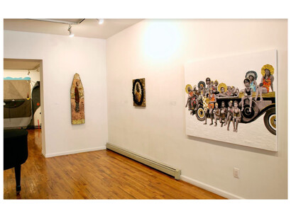 Exploring Conceptual Possibilities, 2023, installation view: Danielle Scott far, “Girls Trip”, Tuska Lusa (Black warrior in Chocktaw)” , “Peter Thorough”, Carl Hazlewood Far Back Room, “ Iceberg on the Demerara. Photo by Christian Carone. Courtesy of Wilmer Jennings Gallery at Kenkeleba
