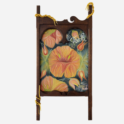 Ayla Dmyterko, Like sour oranges for breakfast, 2021. Oil on linen with found wooden frame. 94 x 47 x 6 cm. Unique