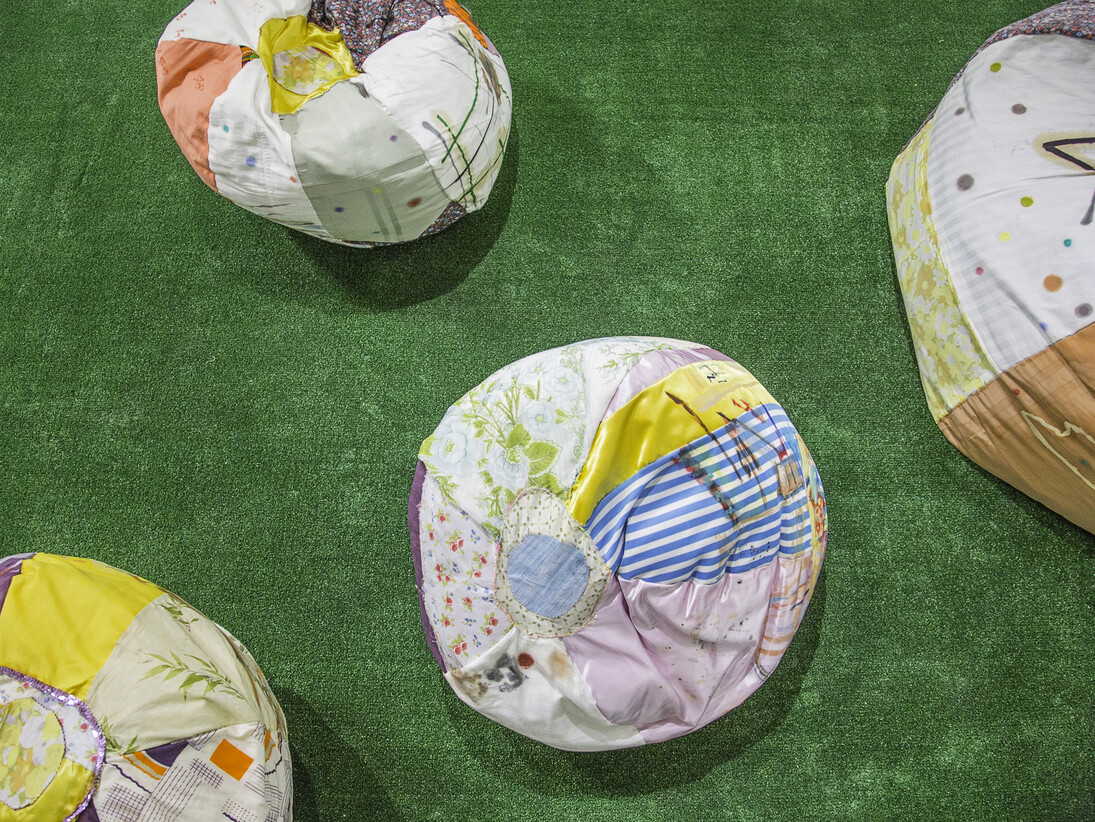 Tameka Norris, Conception series, each recycled filler, found fabric, bedsheets, tablecloth, acrylic paint, sequins and mixed media. Courtesy Emerson Dorsch. Photo by Monica McGivern